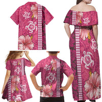 Pink Hibiscus Turle Family Matching Off Shoulder Maxi Dress and Hawaiian Shirt Hawaiian Style Tribal Tapa Pattern