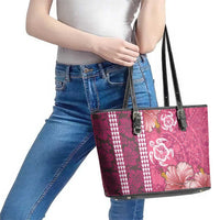 Pink Hibiscus Turle Leather Tote Bag Hawaiian Style Tribal Tapa Pattern
