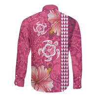 Pink Hibiscus Turle Long Sleeve Button Shirt Hawaiian Style Tribal Tapa Pattern