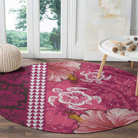 Pink Hibiscus Turle Round Carpet Hawaiian Style Tribal Tapa Pattern