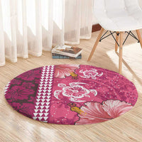 Pink Hibiscus Turle Round Carpet Hawaiian Style Tribal Tapa Pattern