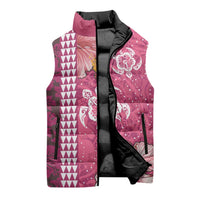 Pink Hibiscus Turle Sleeveless Puffer Jacket Hawaiian Style Tribal Tapa Pattern - Polynesian Pride