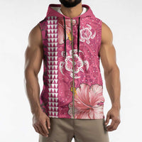 Pink Hibiscus Turle Sleeveless Zip Hoodie Hawaiian Style Tribal Tapa Pattern - Polynesian Pride