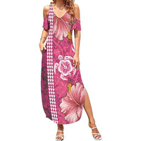 Pink Hibiscus Turle Summer Maxi Dress Hawaiian Style Tribal Tapa Pattern