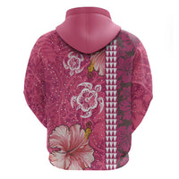 Pink Hibiscus Turle Zip Hoodie Hawaiian Style Tribal Tapa Pattern