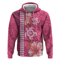 Pink Hibiscus Turle Zip Hoodie Hawaiian Style Tribal Tapa Pattern
