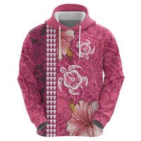 Pink Hibiscus Turle Zip Hoodie Hawaiian Style Tribal Tapa Pattern