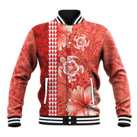 Red Hibiscus Turle Baseball Jacket Hawaiian Style Tribal Tapa Pattern LT9 Unisex Red - Polynesian Pride