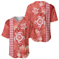 Red Hibiscus Turle Baseball Jersey Hawaiian Style Tribal Tapa Pattern LT9 - Polynesian Pride