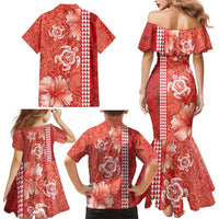 Red Hibiscus Turle Family Matching Mermaid Dress and Hawaiian Shirt Hawaiian Style Tribal Tapa Pattern