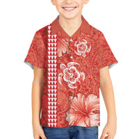 Red Hibiscus Turle Family Matching Off The Shoulder Long Sleeve Dress and Hawaiian Shirt Hawaiian Style Tribal Tapa Pattern