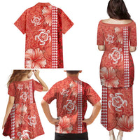 Red Hibiscus Turle Family Matching Puletasi and Hawaiian Shirt Hawaiian Style Tribal Tapa Pattern