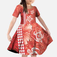 Red Hibiscus Turle Kid Short Sleeve Dress Hawaiian Style Tribal Tapa Pattern LT9 KID Red - Polynesian Pride