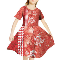 Red Hibiscus Turle Kid Short Sleeve Dress Hawaiian Style Tribal Tapa Pattern LT9 - Polynesian Pride