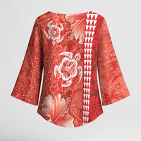 Red Hibiscus Turle Kimono Sleeve Blouse Hawaiian Style Tribal Tapa Pattern - Polynesian Pride