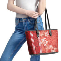 Red Hibiscus Turle Leather Tote Bag Hawaiian Style Tribal Tapa Pattern