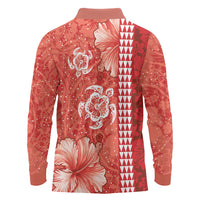 Red Hibiscus Turle Long Sleeve Polo Shirt Hawaiian Style Tribal Tapa Pattern