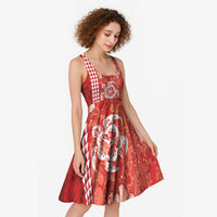Red Hibiscus Turle Midi Dress Hawaiian Style Tribal Tapa Pattern - Polynesian Pride