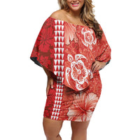 Red Hibiscus Turle Off Shoulder Short Dress Hawaiian Style Tribal Tapa Pattern