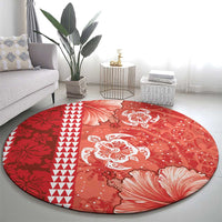 Red Hibiscus Turle Round Carpet Hawaiian Style Tribal Tapa Pattern