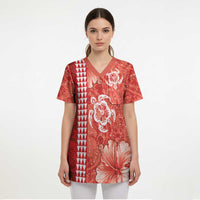 Red Hibiscus Turle Scrub Top Hawaiian Style Tribal Tapa Pattern - Polynesian Pride