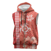 Red Hibiscus Turle Sleeveless Zip Hoodie Hawaiian Style Tribal Tapa Pattern - Polynesian Pride