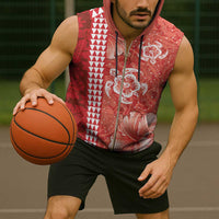 Red Hibiscus Turle Sleeveless Zip Hoodie Hawaiian Style Tribal Tapa Pattern LT9 - Polynesian Pride