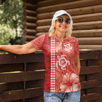 Red Hibiscus Turle Women Polo Shirt Hawaiian Style Tribal Tapa Pattern