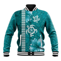 Teal Hibiscus Turle Baseball Jacket Hawaiian Style Tribal Tapa Pattern LT9 Unisex Teal - Polynesian Pride