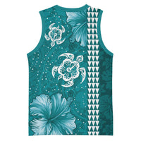 Teal Hibiscus Turle Basketball Jersey Hawaiian Style Tribal Tapa Pattern - Polynesian Pride