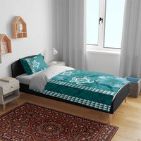 Teal Hibiscus Turle Bedding Set Hawaiian Style Tribal Tapa Pattern