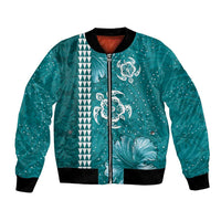 Teal Hibiscus Turle Bomber Jacket Hawaiian Style Tribal Tapa Pattern