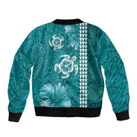 Teal Hibiscus Turle Bomber Jacket Hawaiian Style Tribal Tapa Pattern