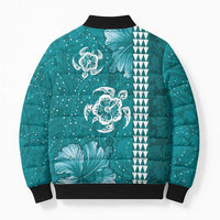 Teal Hibiscus Turle Bomber Puffer Jacket Hawaiian Style Tribal Tapa Pattern - Polynesian Pride