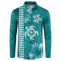 Teal Hibiscus Turle Button Sweatshirt Hawaiian Style Tribal Tapa Pattern LT9 Teal - Polynesian Pride