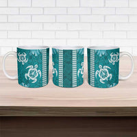Teal Hibiscus Turle Ceramic Mug Hawaiian Style Tribal Tapa Pattern - Polynesian Pride