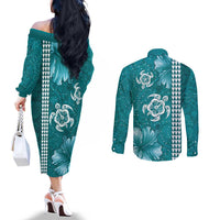 Teal Hibiscus Turle Couples Matching Off The Shoulder Long Sleeve Dress and Long Sleeve Button Shirt Hawaiian Style Tribal Tapa Pattern LT9 - Polynesian Pride