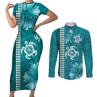 Teal Hibiscus Turle Couples Matching Short Sleeve Bodycon Dress and Long Sleeve Button Shirt Hawaiian Style Tribal Tapa Pattern LT9 Teal - Polynesian Pride