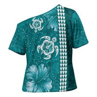 Teal Hibiscus Turle Cross Shoulder Shirt Hawaiian Style Tribal Tapa Pattern - Polynesian Pride