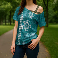Teal Hibiscus Turle Cross Shoulder Shirt Hawaiian Style Tribal Tapa Pattern - Polynesian Pride