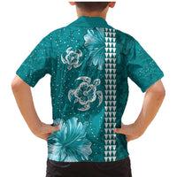 Teal Hibiscus Turle Family Matching Mermaid Dress and Hawaiian Shirt Hawaiian Style Tribal Tapa Pattern
