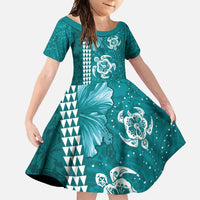 Teal Hibiscus Turle Family Matching Mermaid Dress and Hawaiian Shirt Hawaiian Style Tribal Tapa Pattern