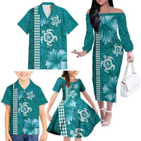 Teal Hibiscus Turle Family Matching Off The Shoulder Long Sleeve Dress and Hawaiian Shirt Hawaiian Style Tribal Tapa Pattern