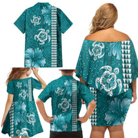 Teal Hibiscus Turle Family Matching Off Shoulder Short Dress and Hawaiian Shirt Hawaiian Style Tribal Tapa Pattern