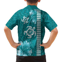 Teal Hibiscus Turle Family Matching Puletasi and Hawaiian Shirt Hawaiian Style Tribal Tapa Pattern