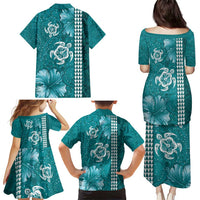 Teal Hibiscus Turle Family Matching Puletasi and Hawaiian Shirt Hawaiian Style Tribal Tapa Pattern