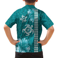 Teal Hibiscus Turle Family Matching Short Sleeve Bodycon Dress and Hawaiian Shirt Hawaiian Style Tribal Tapa Pattern