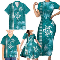 Teal Hibiscus Turle Family Matching Short Sleeve Bodycon Dress and Hawaiian Shirt Hawaiian Style Tribal Tapa Pattern