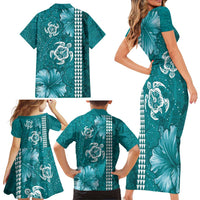 Teal Hibiscus Turle Family Matching Short Sleeve Bodycon Dress and Hawaiian Shirt Hawaiian Style Tribal Tapa Pattern