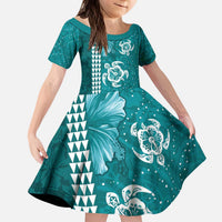 Teal Hibiscus Turle Kid Short Sleeve Dress Hawaiian Style Tribal Tapa Pattern LT9 KID Teal - Polynesian Pride